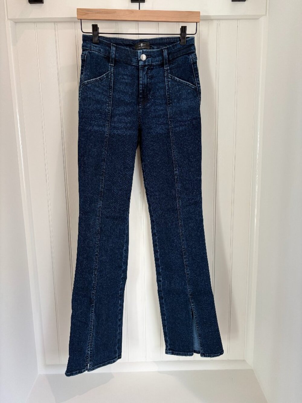 7 For All Mankind High Rise Split Hem Flare Jeans Dark Blue Size 26 NWOT